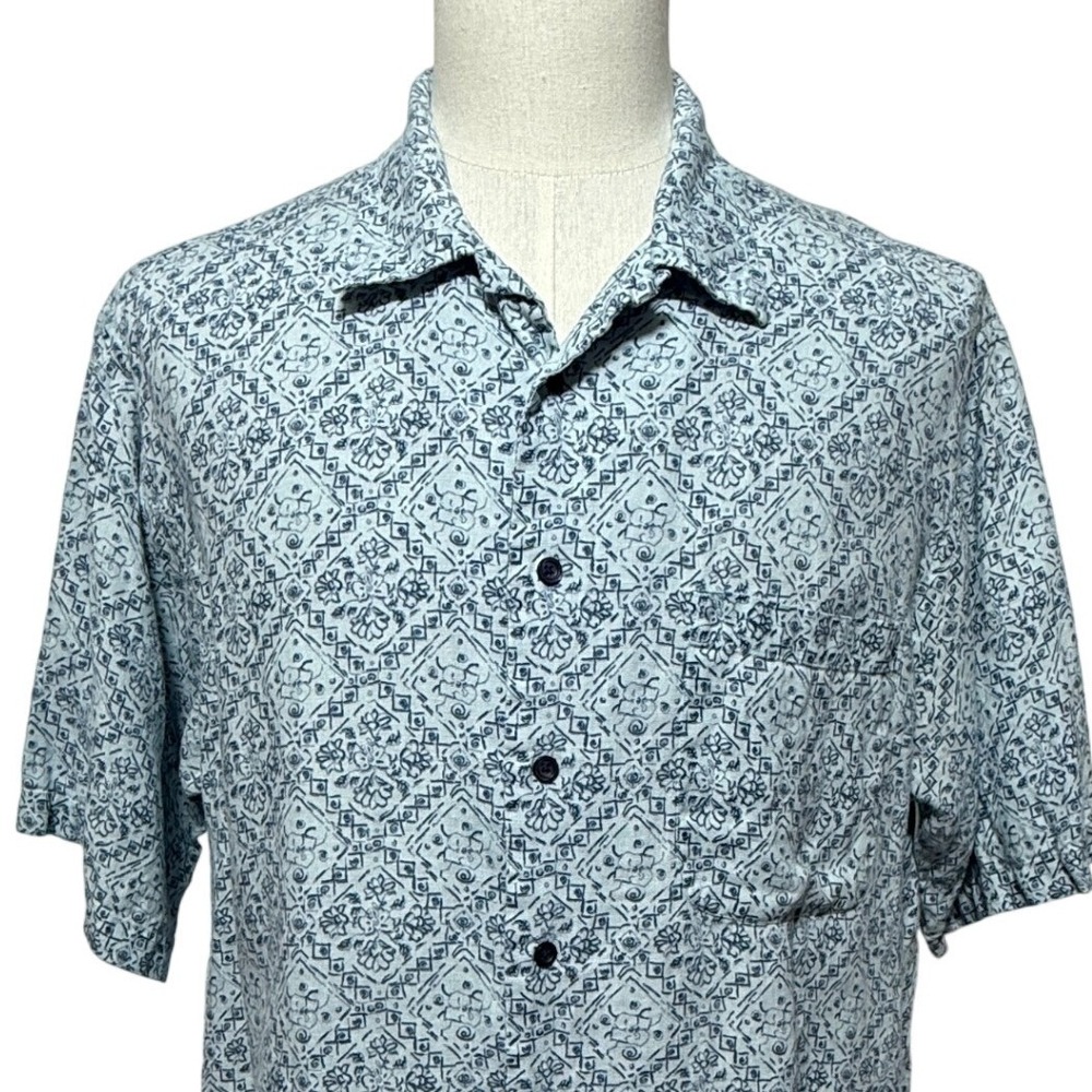 Turnbury Shirt Mens Large Blue Button Up Linen Short Sleeve Medallion Print Camp